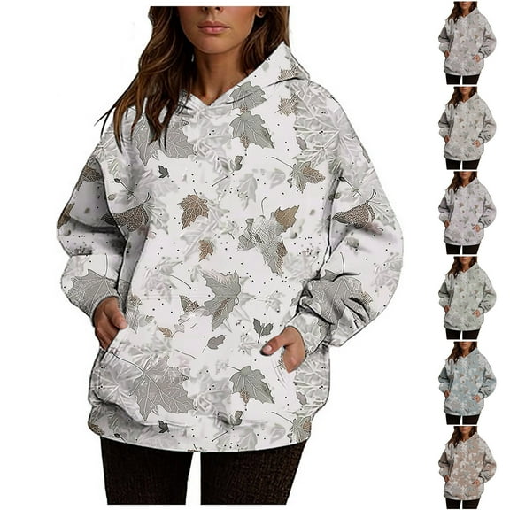 VEKDONE Hoodies for Women Oversized Loose Fit Hooded Sweatshirts Maple Leaf Print Long Sleeve Sweatshirt Fall Fashion Lightweight Pullover Top with Pockets