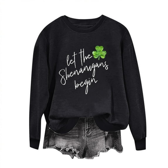 VEKDONE Irish St. Patrick's Day Sweatshirts for Women 2024 Clearance Let The Shenanigany Begin Funny Letter Print Pullover Tops Teen Girl Long Sleeve Outdoor Blouse Black XS