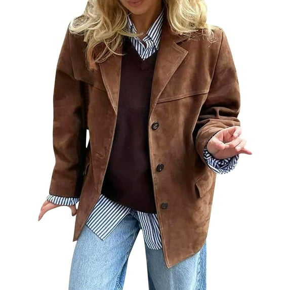 VEKDONE Jackets for Women Dressy Button Lapel Coats Solid Color Long Sleeve Loose Fit Jacket Fall Fashion Office Coat with Pockets