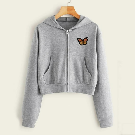 VEKDONE Junior Sweatshirt Graphic Crop Sweatshirts for Women Zip Up Long Sleeve Hoodies Jacket Fall Fashion Butterfly Embroidery Pullover Blouse Gray,L