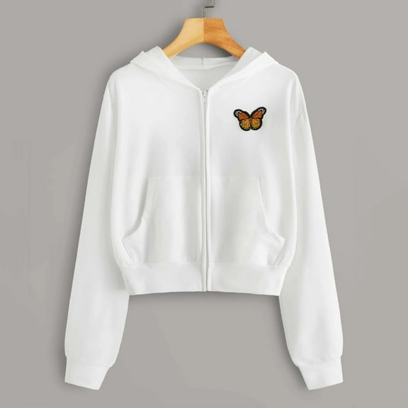 VEKDONE Junior Sweatshirt Graphic Crop Sweatshirts for Women Zip Up Long Sleeve Hoodies Jacket Fall Fashion Butterfly Embroidery Pullover Blouse White,M