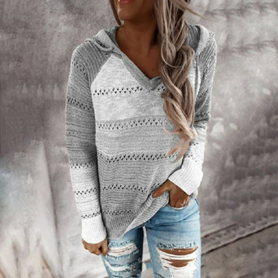 VEKDONE Junior Sweatshirts Hooded And Zip Up Women's V Neck Sweatshirt Knitted Sweater Fall Casual Striped Printed Pullover Sweater Blouse Gray,XL