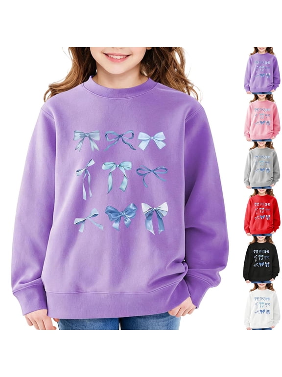 Kids Girls Fleece Lined Sweatshirt Thick Warm Long Sleeve Crewneck Pullover Tops Comfortable Everyday Casual School Fall Winter Sweatshirts Purple,7-8Years
