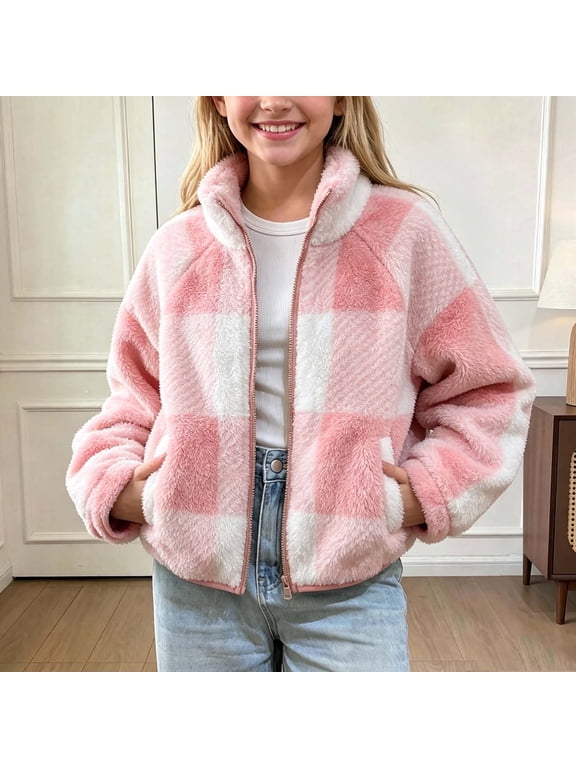 Kids Plaid Fleece Coat Girls Boys Stand Collar Full Zip Sherpa Jackets Fuzzy Warm Casual Jacket with Pockets Winter Outerwear for Camping Trips