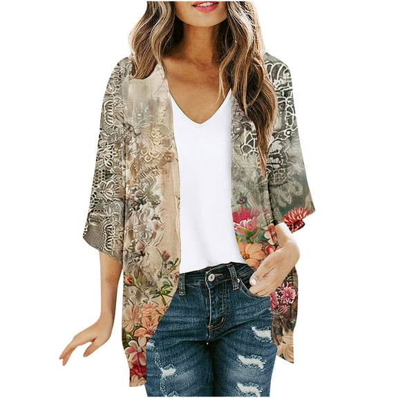 VEKDONE Kimono Cardigans For Women,Casual Open Front 3/4 Sleeve Cardigan,Loose Lightweight Shawls Wraps Solid Color Hollow Out Beach Cover Ups