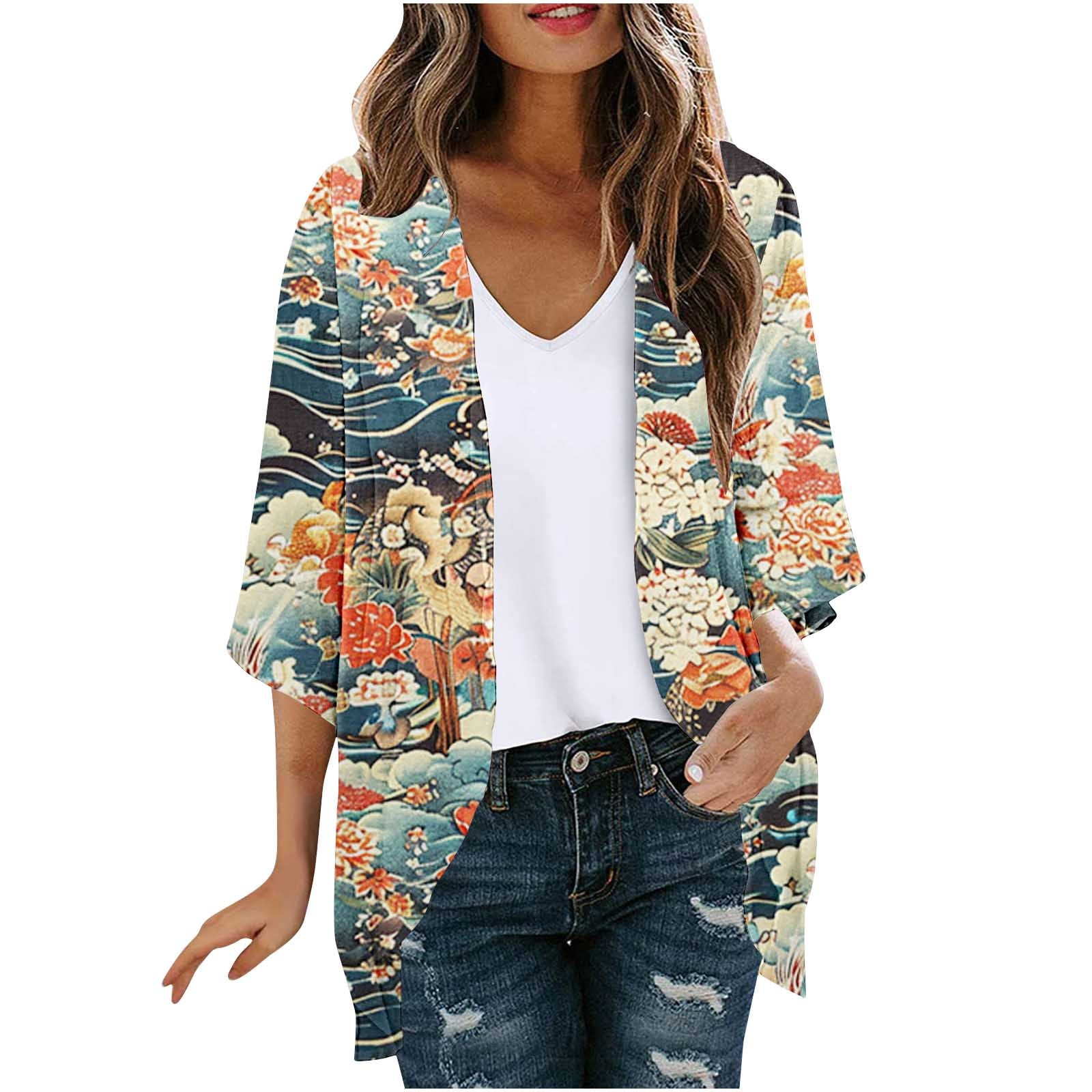 Women's Floral Kimono Cardigan - Lightweight Chiffon Beach Cover Up & Casual Top (Medium, White Floral) - View #3
