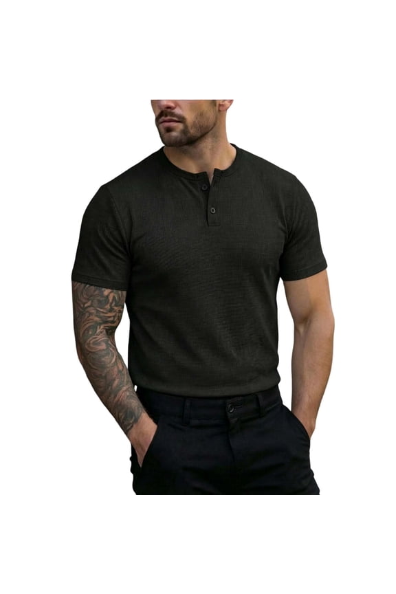 Knit Cotton T Shirts Men Short Sleeve Button Down Henley Shirts Summer Stretchy Comfy Athletic Workout Basic Tops Black XXL