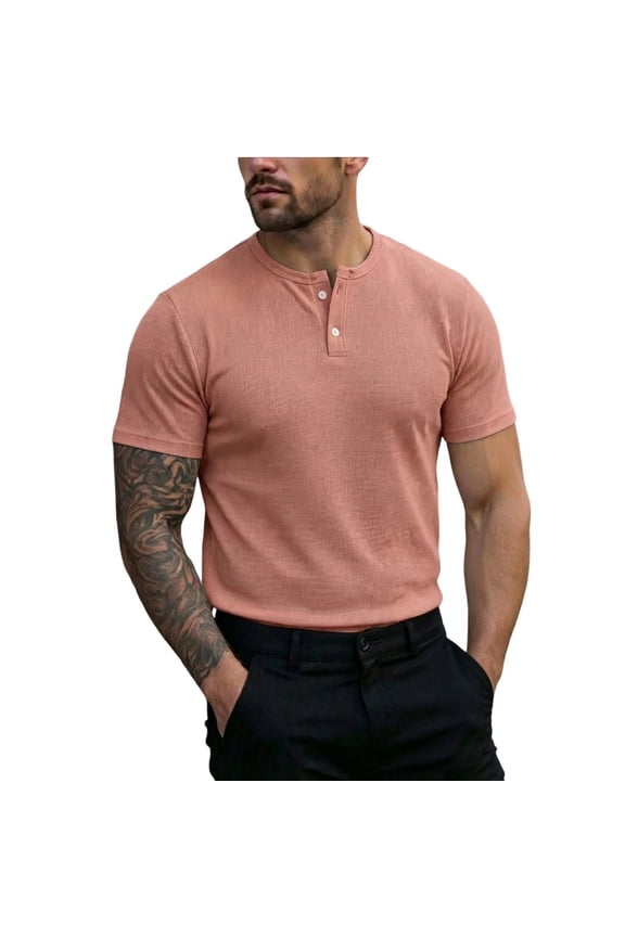 Knit Cotton T Shirts Men Short Sleeve Button Down Henley Shirts Summer Stretchy Comfy Athletic Workout Basic Tops Pink XXXL