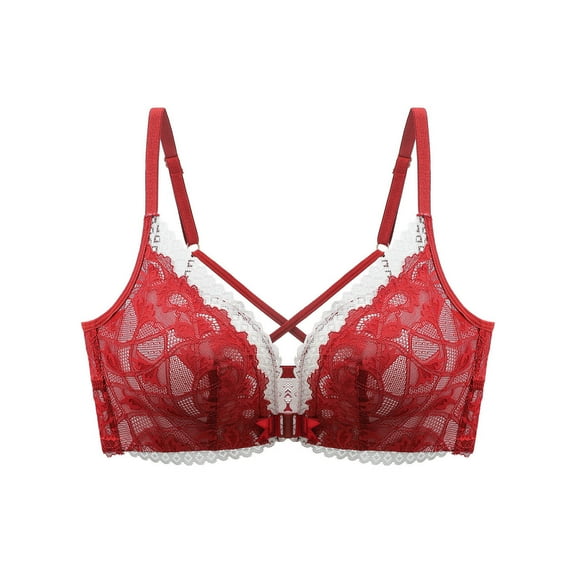 VEKDONE Lace Front Closure Bras for Women No Underwire Wireless Bralette Elegant Lace Trim Soft Supportive Sexy Valentines Date Underwear Everyday Bra Red Size L