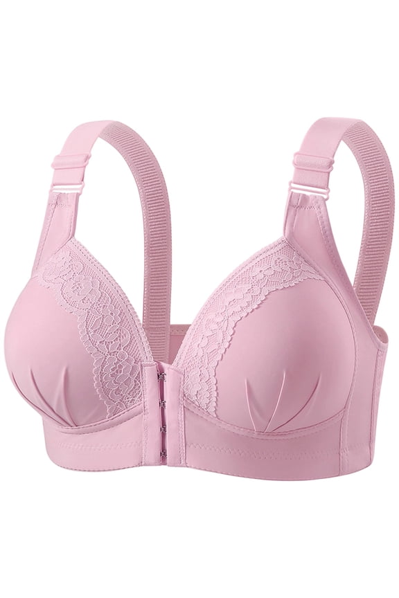 Lace Front Closure Bras for Women V Neck Embroidery Bra Full Coverage Wireless Everyday Bras Support Push Up Bra Stretch Solid Color Bra Pink Size 46