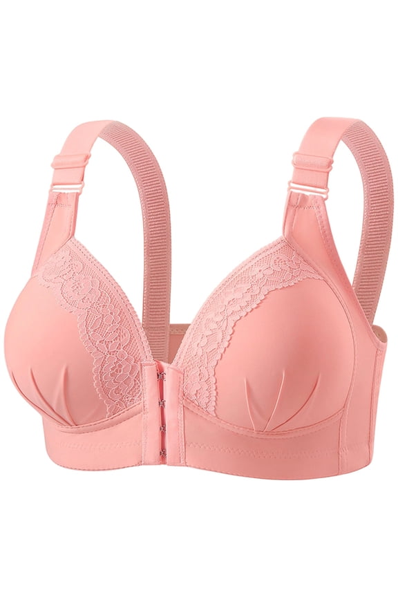 Lace Front Closure Bras for Women V Neck Embroidery Bra Full Coverage Wireless Everyday Bras Support Push Up Bra Stretch Solid Color Bra Watermelon Red Size 36