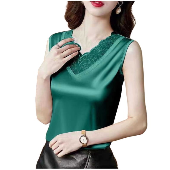 VEKDONE Lace Satin Tank Tops Women Summer Sleeveless V Neck Camisole Dressy Solid Color Patchwork Tunic Tops Plus Size Soft Comfy Lounge Tanks Green XL