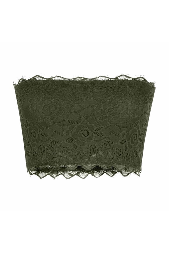 Lace Tube Top Bra Strapless Lace Bandeau Bra for Low Cut Dress Front Stretch Bralette for Low Neckline Cleavage Cover Up Everyday Bra Army Green Size XXL
