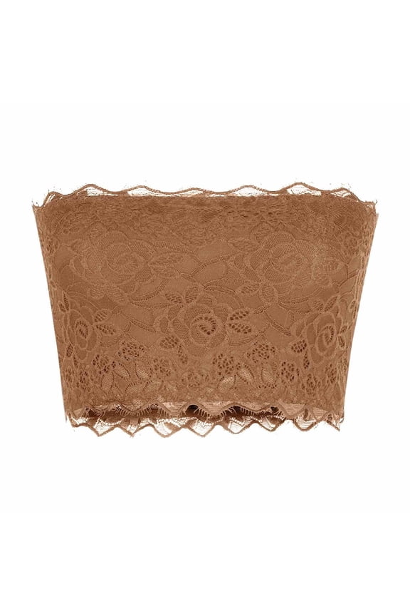 Lace Tube Top Bra Strapless Lace Bandeau Bra for Low Cut Dress Front Stretch Bralette for Low Neckline Cleavage Cover Up Everyday Bra Khaki Size L