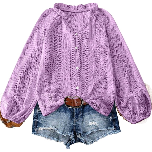 VEKDONE Lantern Sleeve Lace Tops for Women Dressy Hollow Out Ruffle Blouses Going Out Casual Blouse 2025 Fall Elegant Button Up Shirts