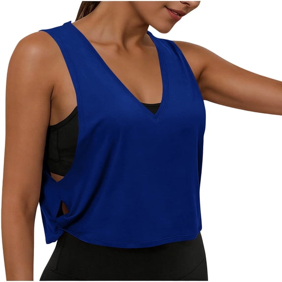 VEKDONE Large Armhole Tank Tops for Women Sleeveless V-Neck Side Hollow Out Tanks Solid Color Loose Fit Cropped Vest Workout Sport Athletic Yoga Running Gym Crop Shirts Blue M