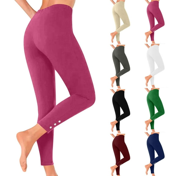 VEKDONE Leggings for Women Summer Stretch High Waist Casual Running Yoga Pants Side Button Workout Tight Leggings Solid Color Buttery Soft Tights