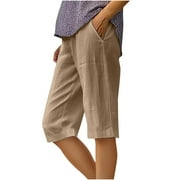 VEKDONE Linen Bermuda Shorts for Women Knee Length Casual Summer Linen Capri Pants Lightweight Beach Shorts with Pockets Khaki XX-Large