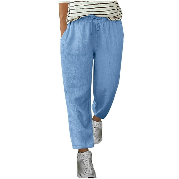 VEKDONE Linen Casual Long Pants for Women Stretchy Drawstring Ankle Pants High Waisted Plus Size Straight Trousers Pants with Pockets Blue XL