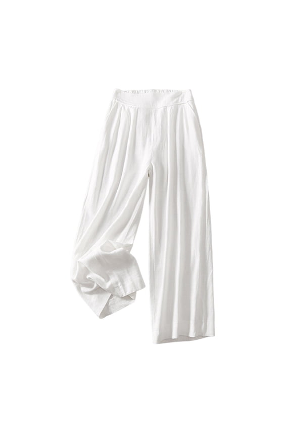 Linen Yoga Wide Leg Pants for Women Elastic High Waisted Plus Size Palazzo Pants Solid Color Casual Beach Vacation Long Pants with Pockets White XXXL