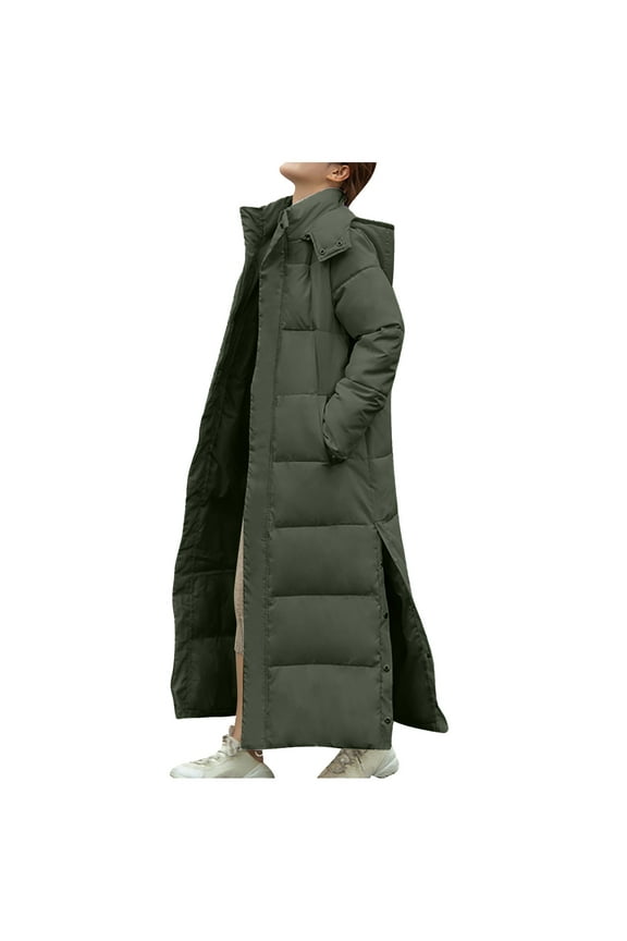 Long Puffer Hooded Coat for Women Winter Thickened Warm Down Jackets Maxi Length Hooded Jacket with Side Button Solid Color Cotton Parka Coats with Pockets