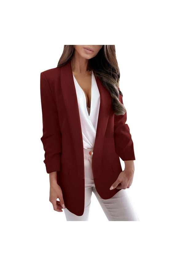 Long Sleeve Blazer Jackets for Women 2025 Clearance Sale Solid Color Lapel Cardigan Coat Plus Size Business Work Office Blazers Wine S