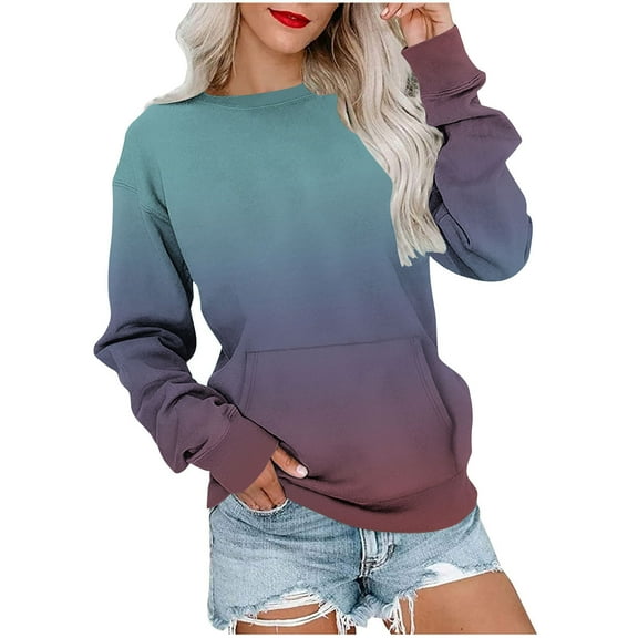 VEKDONE Long Sleeve Crewneck Pullover for Women Gradient Color Graphic Sweatshirts Fall Loose Fit Lightweight Basic Blouse