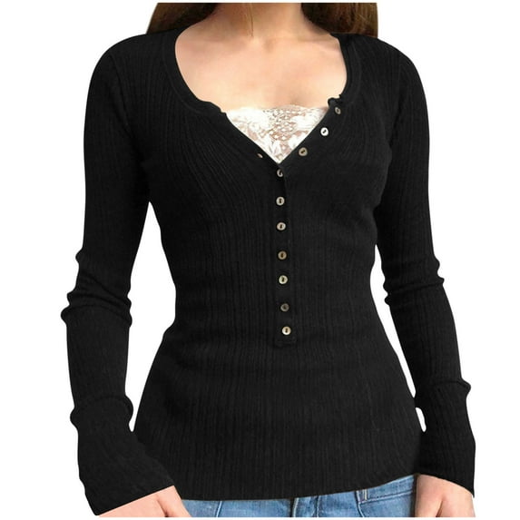 VEKDONE Long Sleeve Ribbed Knit Shirts for Women Lace Patchwork Gothic Y2K Tops Vintage Slim Fit Stretchy Blouse Button V-Neck Party Tight Tunics