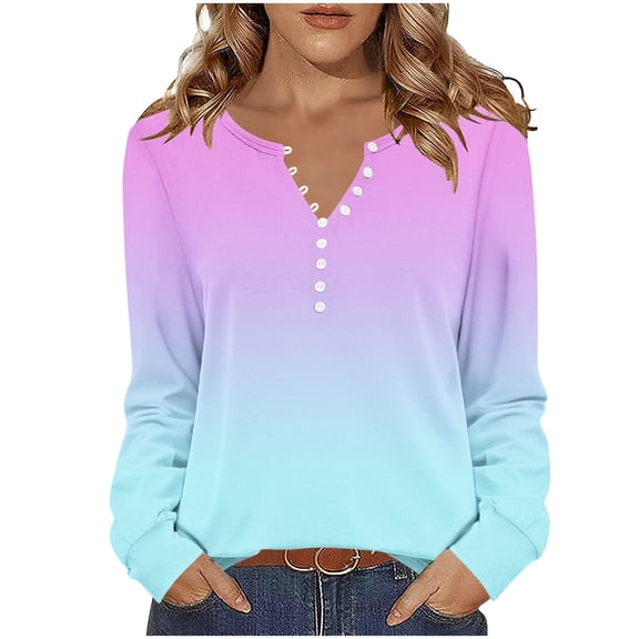 VEKDONE Long Sleeve Shirts for Women Dressy Button V Neck Henley Shirts Fashion Gradient Color Loose Fit Blouse Plus Size Tunic Tops
