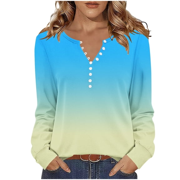 VEKDONE Long Sleeve Shirts for Women Dressy Button V Neck Henley Shirts Fashion Gradient Color Loose Fit Blouse Plus Size Tunic Tops