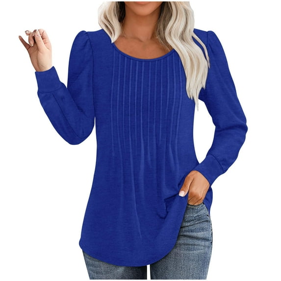 VEKDONE Long Sleeve Shirts for Women Fall Loose Fit Pleated Tops Solid Color Casual Lightweight Blouses Dressy Scooped Neck Tunic Tops for Leggings