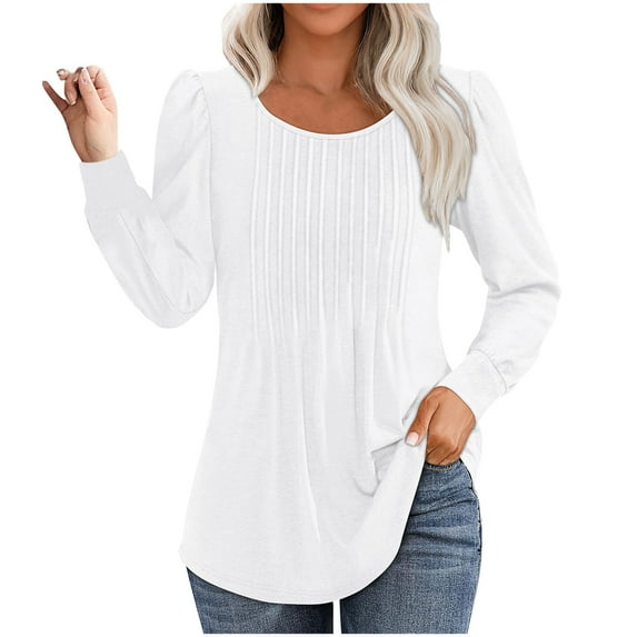 VEKDONE Long Sleeve Shirts for Women Fall Loose Fit Pleated Tops Solid Color Casual Lightweight Blouses Dressy Scooped Neck Tunic Tops for Leggings