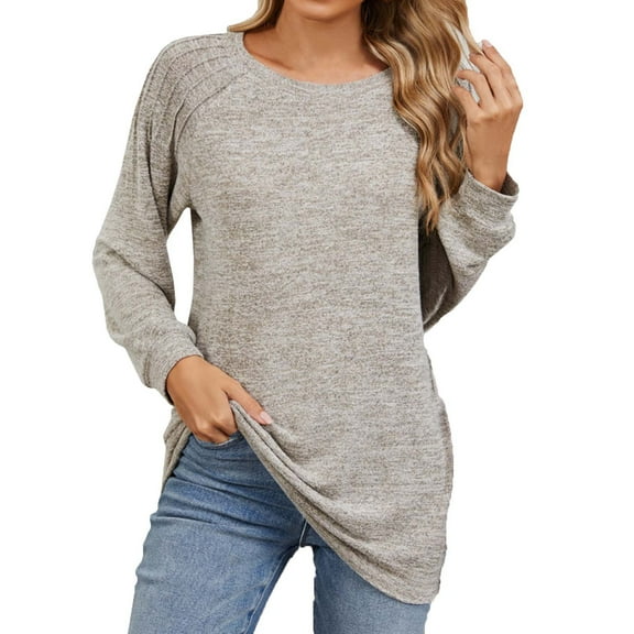 VEKDONE Long Sleeve Tunic Tops Women Fashion Crewneck Loose T Shirts Fall Thin Fleece Soft Blouses Solid Color Basic Pleated Shirts