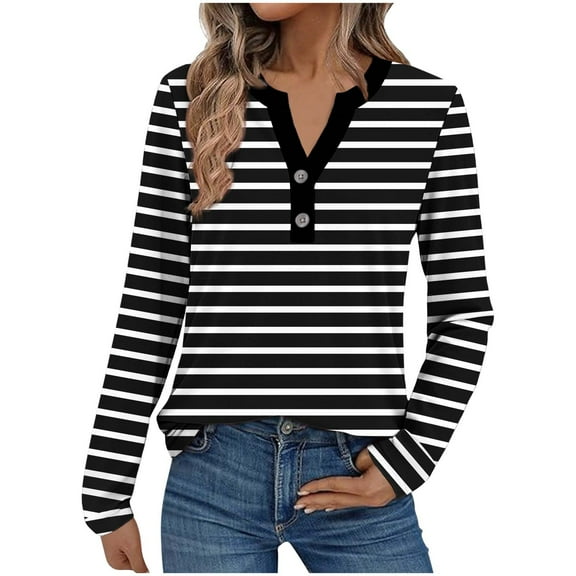 VEKDONE Long Sleeve V-Neck Shirts for Women Stripe Button Down Henley Shirt Casual Loose Fit Lightweight Tunics Trendy Plus Size Office Work Blouses