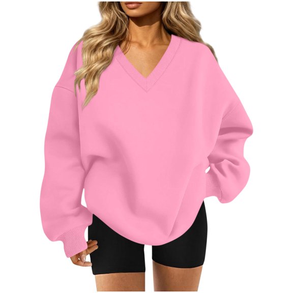 VEKDONE Long Sleeve V Neck Sweatshirt for Women Fall Thin Fleece Loose Fit Pullover Top Solid Color Lightweight Comfy Sweatshirt Pullover Fall Fashion Clothes Pink L