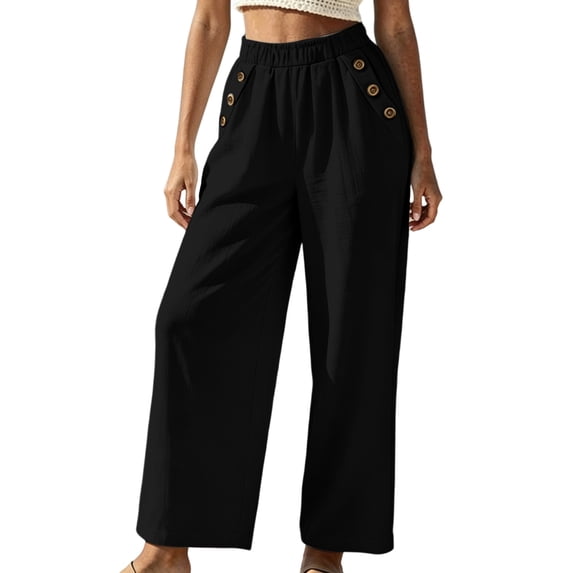 VEKDONE Lounge Pants for Women Cotton Elastic High Waist Palazzo Pants Button Decorative Straight Leg Trousers Summer Loose Fit Comfy Wide Leg Pants with Pockets Black XXL