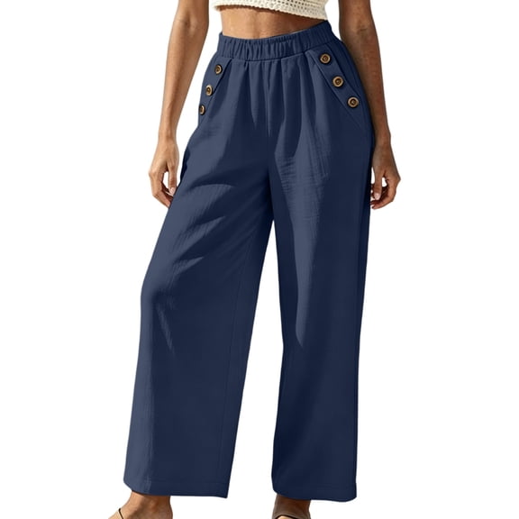 VEKDONE Lounge Pants for Women Cotton Elastic High Waist Palazzo Pants Button Decorative Straight Leg Trousers Summer Loose Fit Comfy Wide Leg Pants with Pockets Navy XXXL
