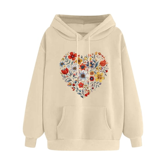 VEKDONE Love Heart Graphic Hoodies for Women Long Sleeve Thin Fleece Pullover Top Casual Loose Fit Drawstring Hooded Sweatshirts with Pockets