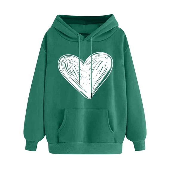VEKDONE Love Heart Print Hoodies for Women Fall Winter Long Sleeve Thin Fleece Pullover Top Casual Loose Fit Drawstring Hooded Sweatshirt with Pocket Green M