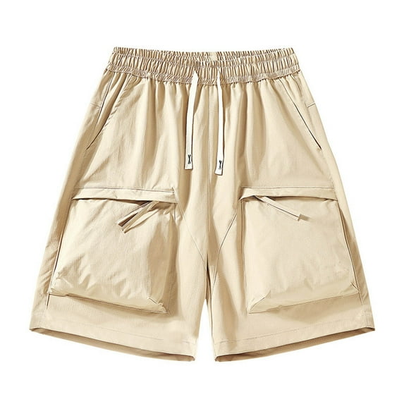 VEKDONE Mans Drawstring Short Pants Solid Color Loose Fit Casual Shorts with Zipper Pockets Elastic Waisted Quick Dry Straight Shorts Summer Plain Beach Shorts Beige XXXXL