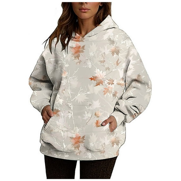 VEKDONE Maple Leaf Print Hoodies for Women Oversized Hooded Sweatshirts with Pockets Fall Long Sleeve Loose Fit Pullover Sweatshirt Y2K Tops