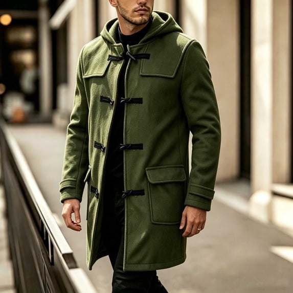 VEKDONE Men'S Hooded Duffle Coat Toggle Buttons Relaxed Fit Overcoat Faux Wool Long Sleeve Jacket Fall Winter Fashion Casual Clothing for Streetwear