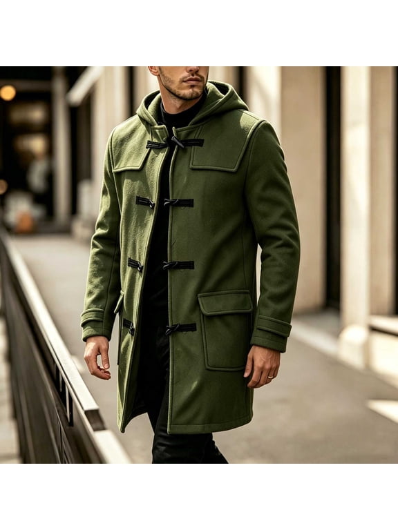 Men'S Hooded Duffle Coat Toggle Buttons Relaxed Fit Overcoat Faux Wool Long Sleeve Jacket Fall Winter Fashion Casual Clothing for Streetwear
