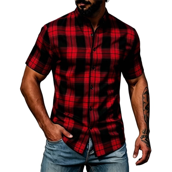 VEKDONE Men's Button Down Plaid Shirts, Summer Short Sleeve Stand Collar Streetwear Shirts Casual Loose Fit Beach Vacation Shirts Red M