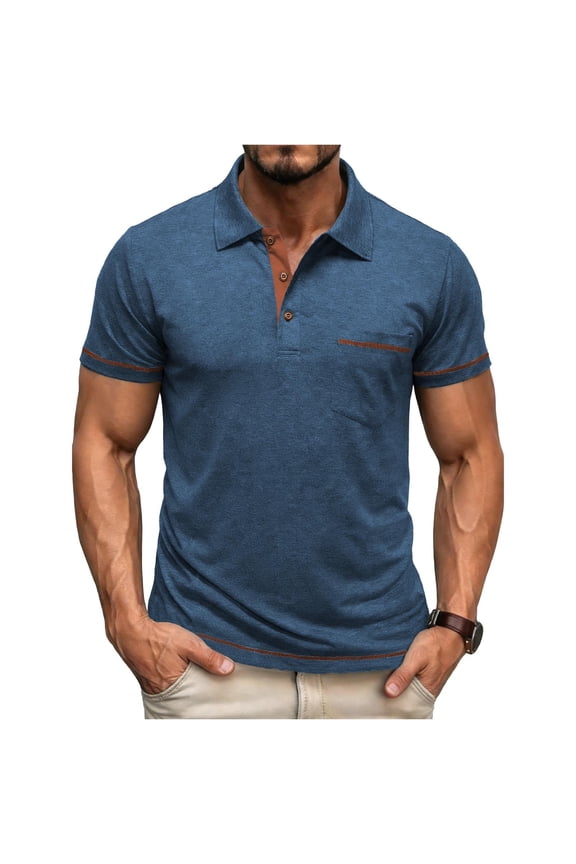 Men's Button Down Shirts Summer Casual Lapel Short Sleeve Tops Solid Color Lightweight Golf Shirts with Pocket Blue XXL