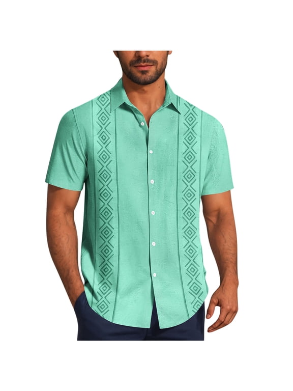 Men's Cuban Guayabera Shirt Short Sleeve Button Down Lapel Shirts Summer Casual Loose Fit Beach Shirts Vintage Print Collared Tee Tops Mint Green XL