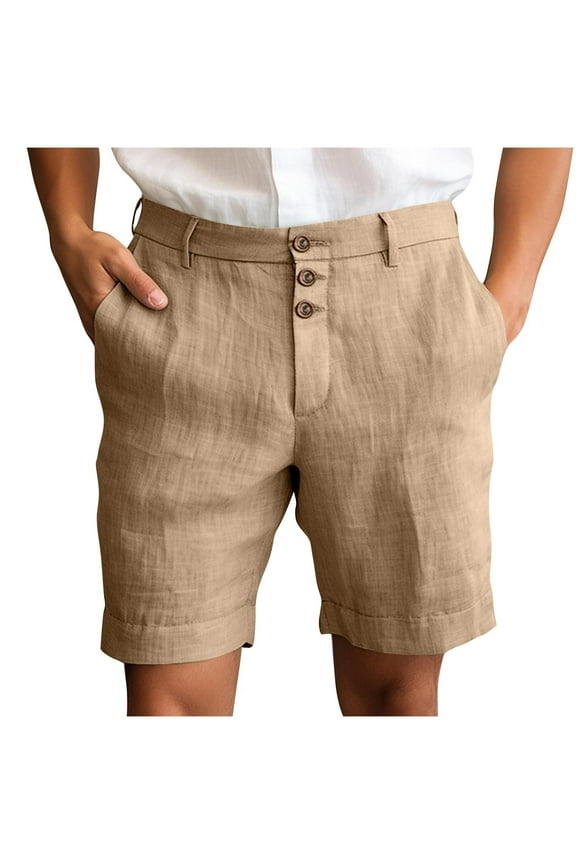 Men's Dress Shorts Summer Cotton Vintage Shorts Tapered Leg Straight Flat Front Chino Short Pant Solid Color Button Zipper Shorts with Pockets