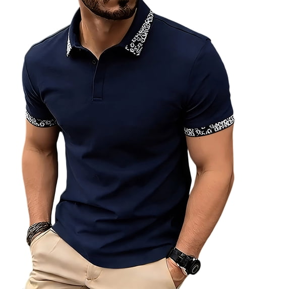 VEKDONE Men's Golf Shirt Casual Short Sleeve Button Up Collared T-Shirt with Leopard Print Trim Summer Business Work Shirts Navy M