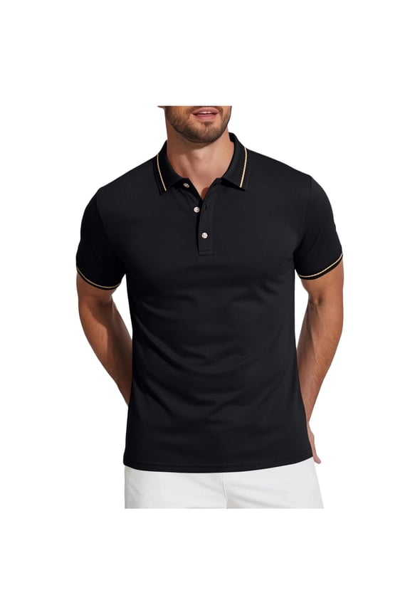 Men's Golf Shirt Short Sleeve Button Down Lapel Shirt Moisture Wicking Casual T-Shirt Solid Color Basic Office Work Tee Top Black XXXL