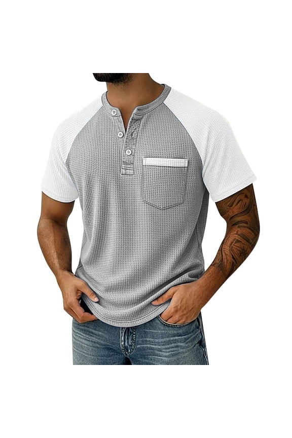 Men's Raglan Short Sleeve Shirts Waffle Knit Henley Shirts Button Up Color Block Stretch Shirts Casual Lightweight Comfy Tee Tops Gray XL